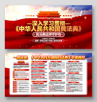 红色深入学习贯彻中华人民共和国民法典草案内容展板党政党建党课